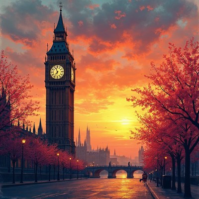 Big Ben at Sunset with Red Trees