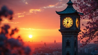 Clock Tower at Sunset with Cherry Blossoms