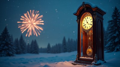 Grandfather Clock with Fireworks in Snowy Forest