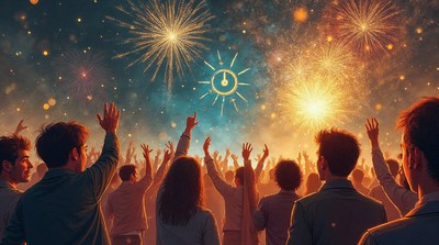 Crowd cheering under fireworks