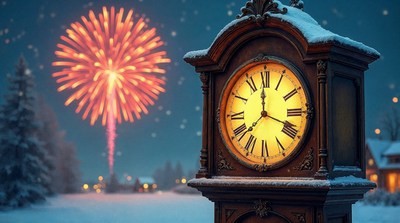 Snowy Clock with Fireworks