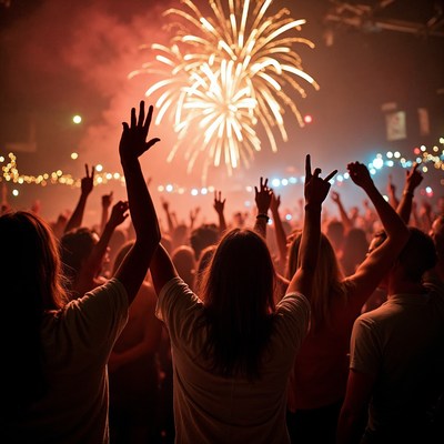 Crowd cheering at fireworks display