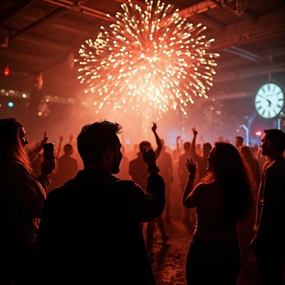 Crowd cheering fireworks silhouette