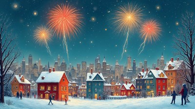 Winter City Fireworks over Snowy Houses