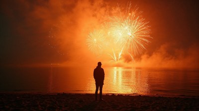 Silhouette man watching fireworks over lake