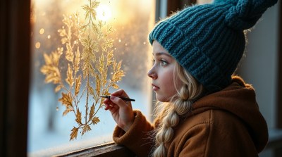 Girl painting golden leaves on window