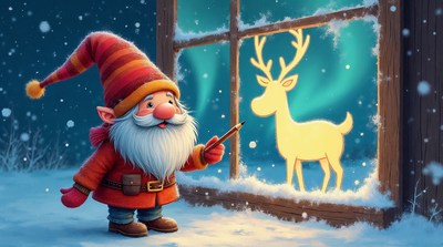 Gnome drawing reindeer silhouette at window