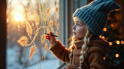 Girl drawing leaves on frosty window
