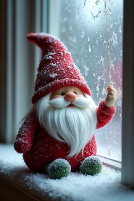 Gnome waving at rainy window