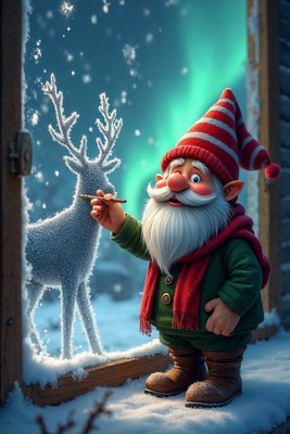 Gnome Painting Reindeer in Snowy Window