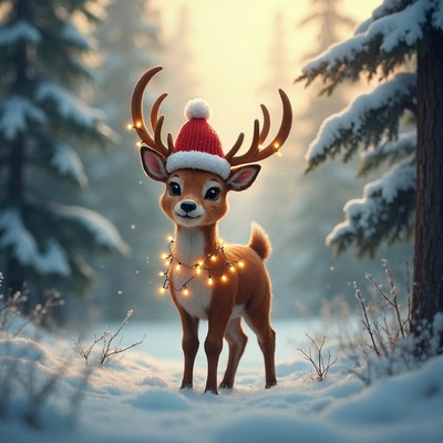 Cute Reindeer Wearing Santa Hat in Snowy Forest