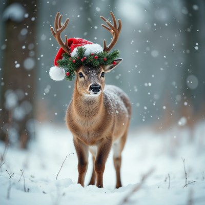 Reindeer wearing Santa hat in snow