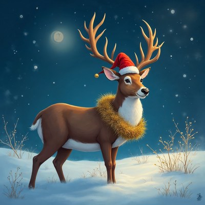 Reindeer Wearing Santa Hat in Snow