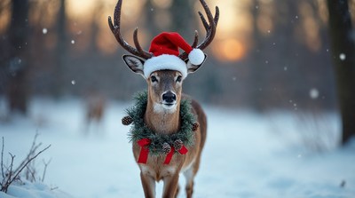 Reindeer wearing Santa hat and wreath