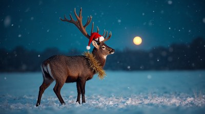Reindeer wearing Santa hat in snow