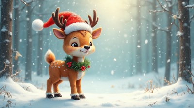 Cute Christmas deer in snowy forest
