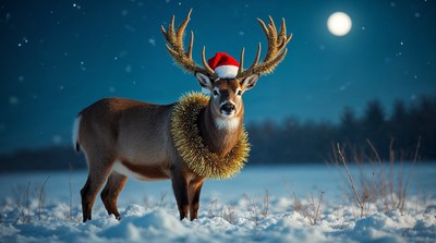 Reindeer wearing Santa hat in snow