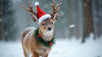 Reindeer wearing Santa hat and wreath