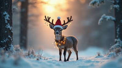 Reindeer wearing Santa hat in snowy forest