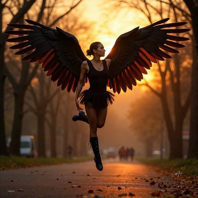 Woman with black angel wings jumping at sunset