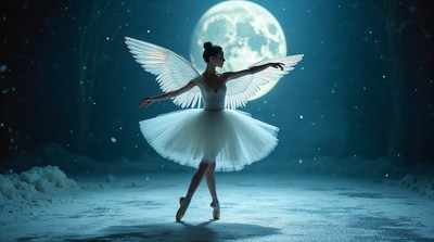 Ballerina with wings under moon