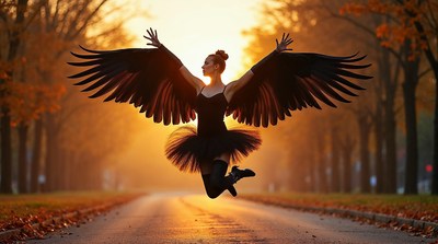 Woman with black wings jumping in autumn sunset
