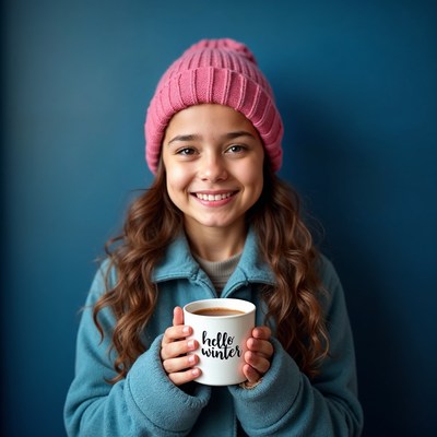 Girl holding hello winter mug