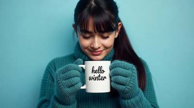 Asian woman holding hello winter mug
