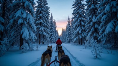 Man driving dog sled in snowy forest