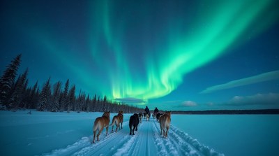 Dog Sled Team Under Aurora Borealis
