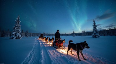 Man driving dog sled under northern lights