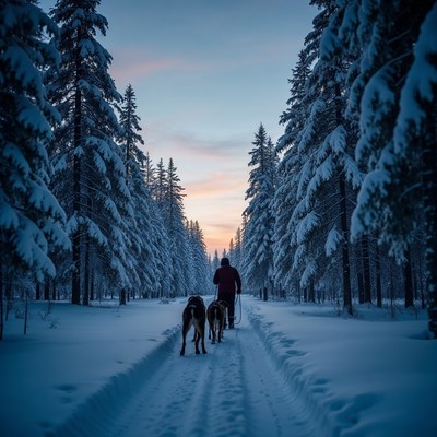 Man dog sledding snowy forest trail