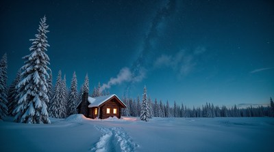 Cozy Cabin in Snowy Forest Under Starry Sky