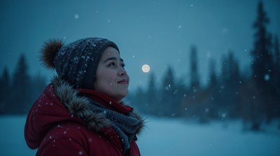 Asian girl in winter hat gazing at moon