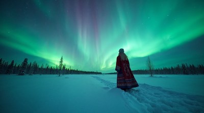 Woman in red coat viewing northern lights