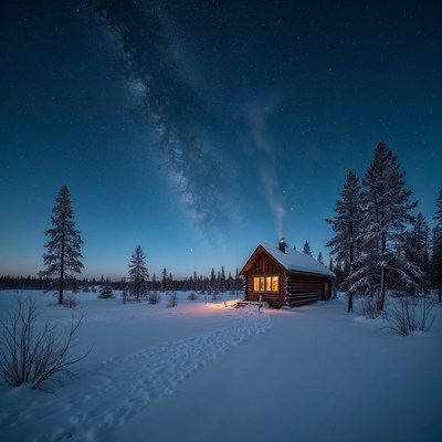 Log Cabin Under Milky Way in Snow