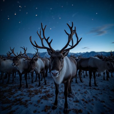Reindeer herd under starry night sky