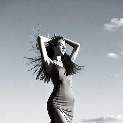 Woman raising arms with flowing hair