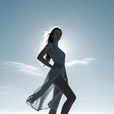 Silhouette woman in flowing dress