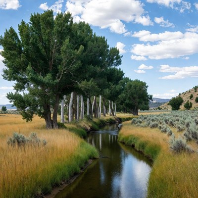 Cottonwood Trees Along Winding River