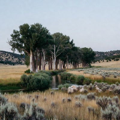 Cottonwood Trees Along Stream in Golden Grassland