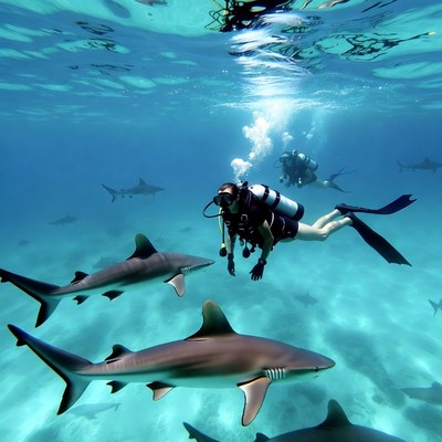 Scuba diver swimming with sharks
