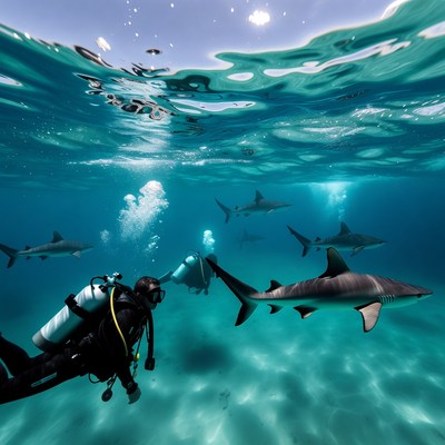 Scuba diver swimming with sharks