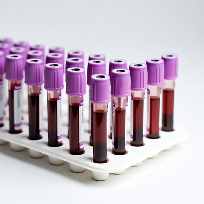 Purple blood sample tubes in rack