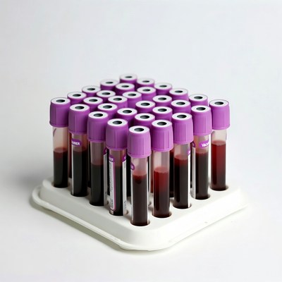 Purple-top blood tubes in rack