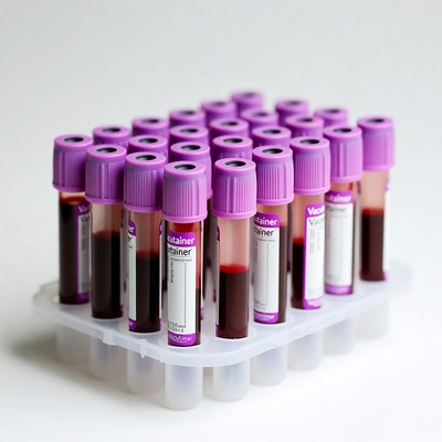 Purple blood sample tubes in rack