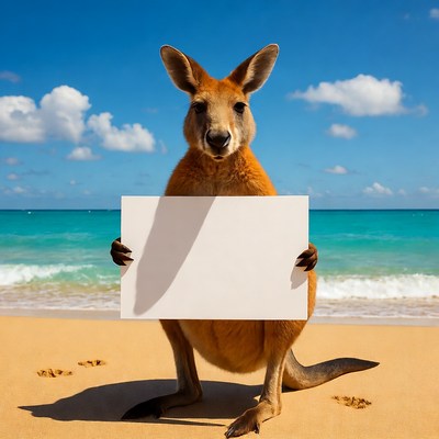 Kangaroo holding blank sign on beach