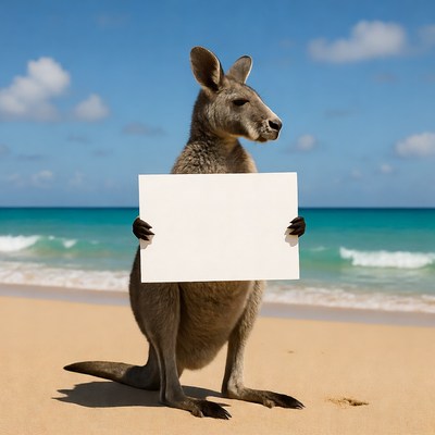 Kangaroo holding blank sign on beach