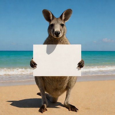 Kangaroo holding blank sign on beach