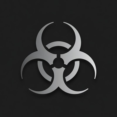 Silver biohazard symbol on black